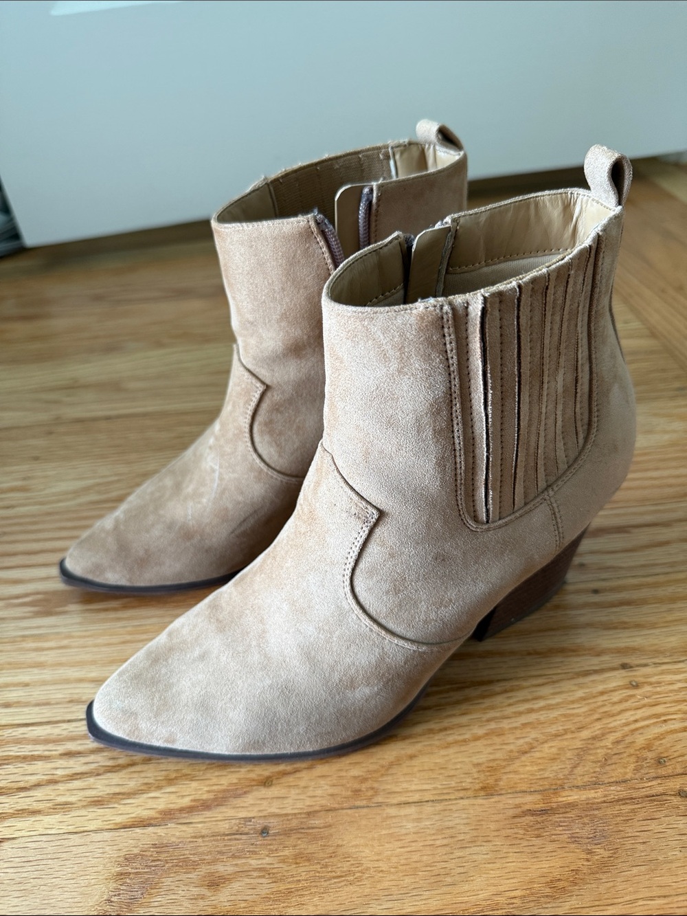 Suede Ankle Western Booties in Light Tan